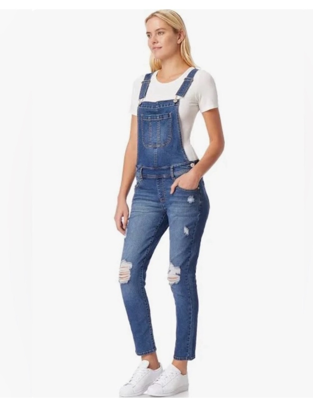 Wallflower Distressed Denim Overalls in Medium Blue
